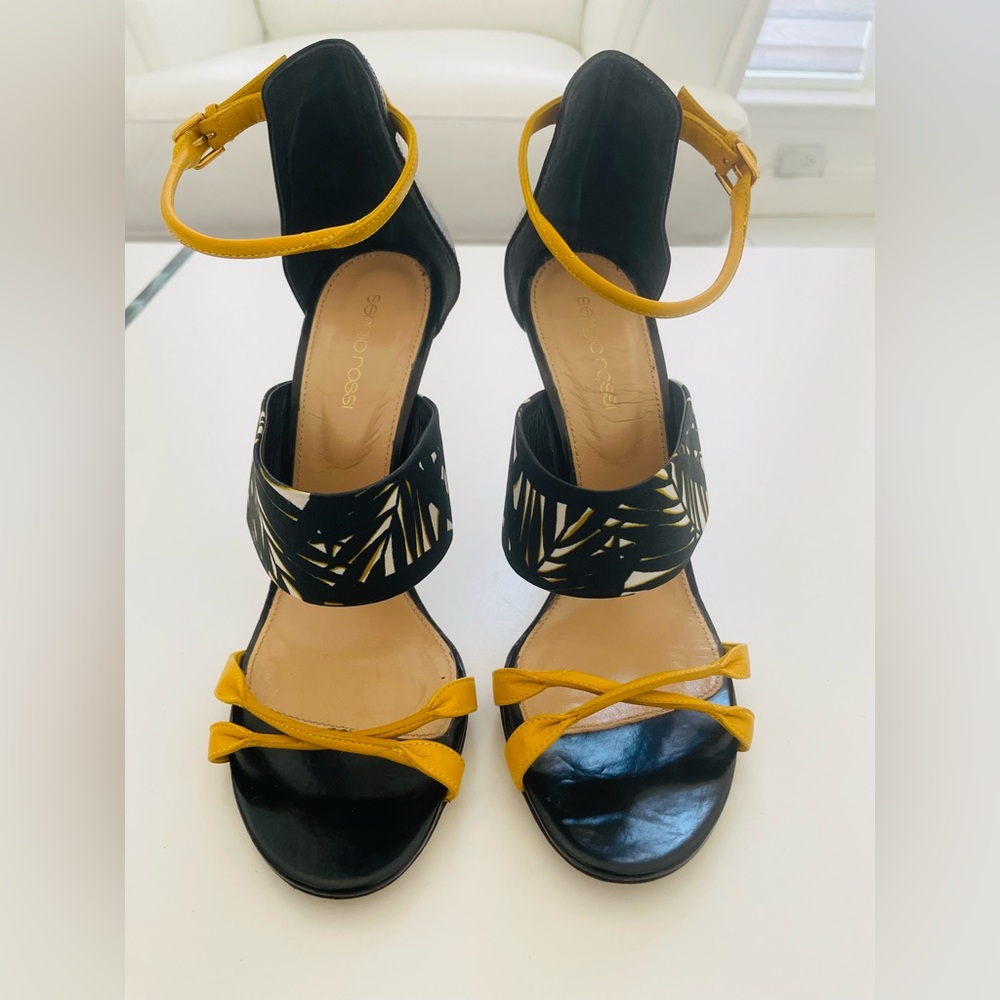 SERGIO ROSSI BLACK & YELLOW ANKLE STRAP HIGH HEELS EU SIZE 39 1/2